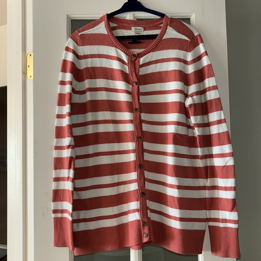 L.L. Bean Cardigan Scoop Sweater Orange White Striped Sz S Cotton Cashmere